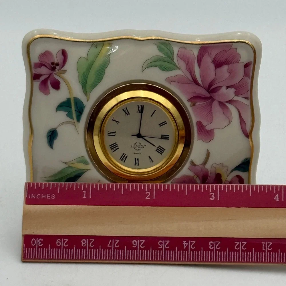 Lenox Floral Porcelain Desk Clock Gold Trim Roman Numeral Peony Pink White